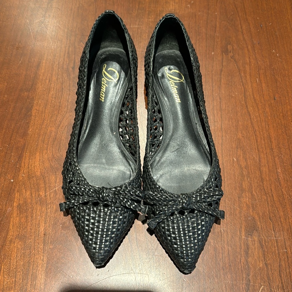 Delman Black Woven Bow Flat